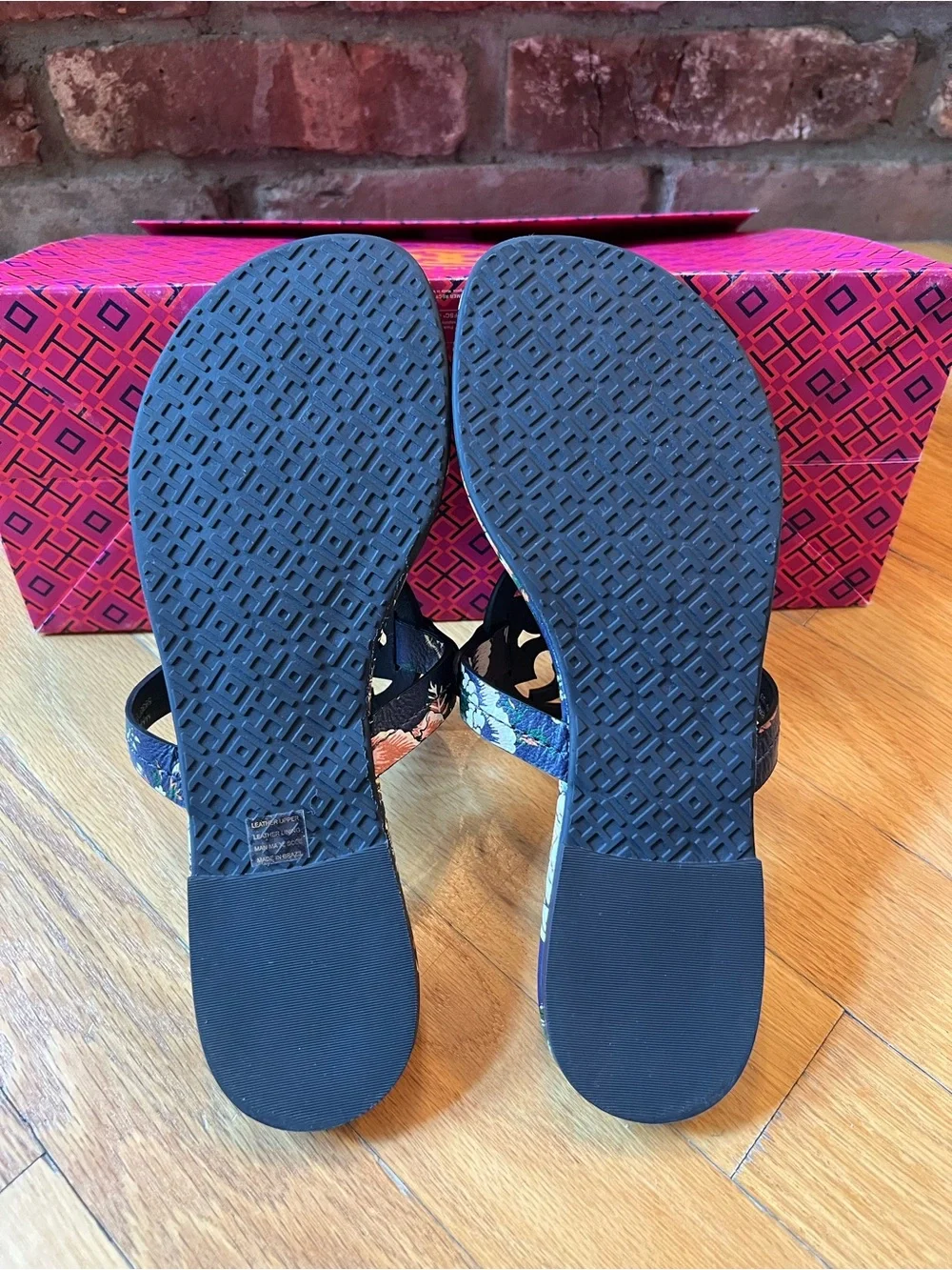 Tory Burch Happy Times Navy Floral Printed Tumbled Leather Miller Sandals